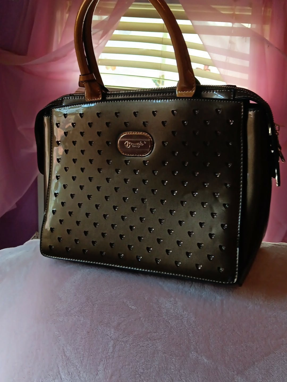 Black Patent Heart-Stud Satchel Handbag